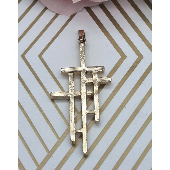 Beautiful 3 Cross 2" Pendant in Textured & Smooth Gold Tone Religious Gift - Picture 3 of 6